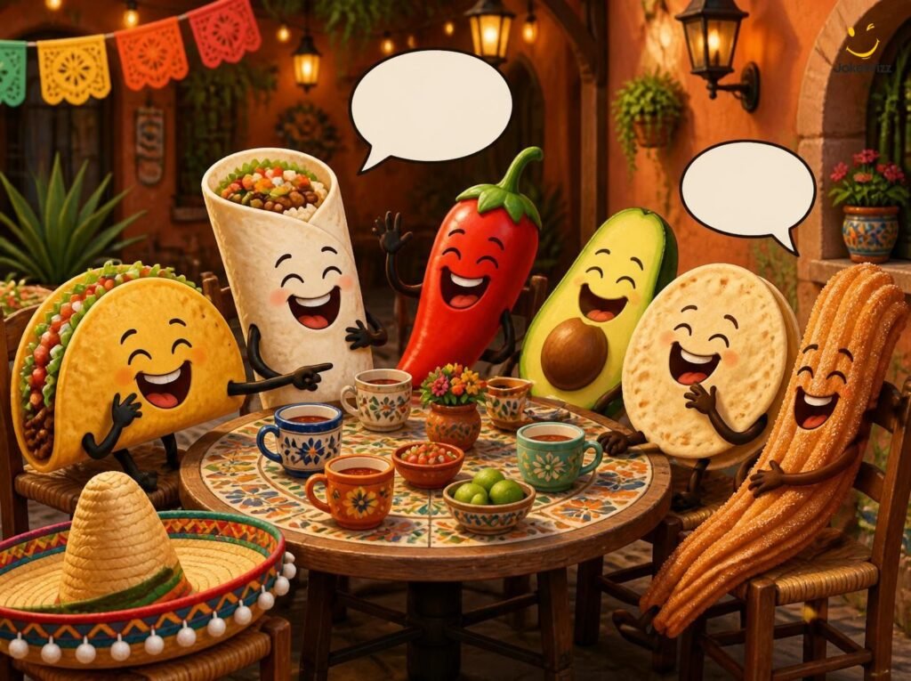 Funny Mexican food characters sharing jokes in Spanish