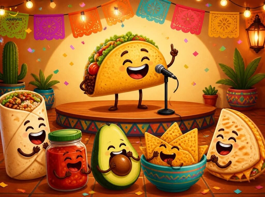 Funny taco and Mexican food characters representing one-liner jokes