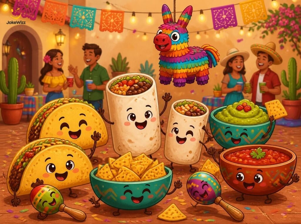 Funny Mexican fiesta scene with tacos, salsa, maracas, and friends