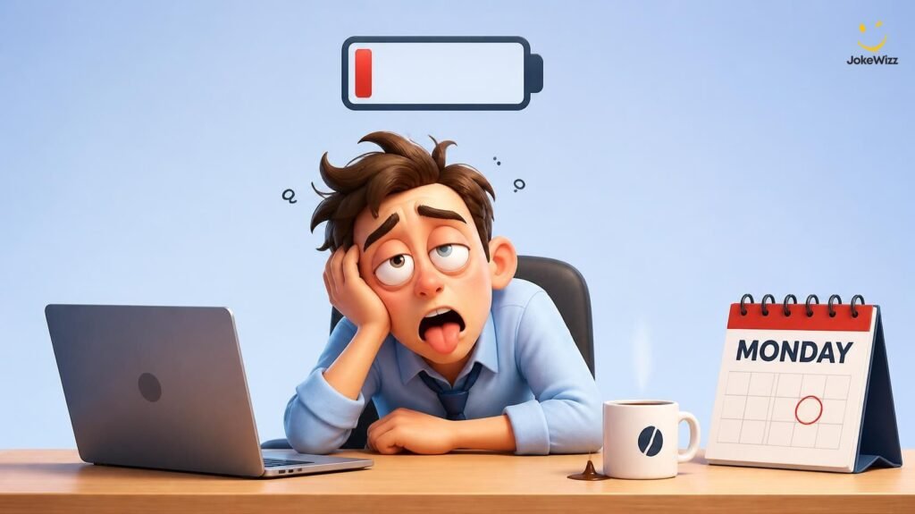 Tired person with coffee and low energy on Monday morning