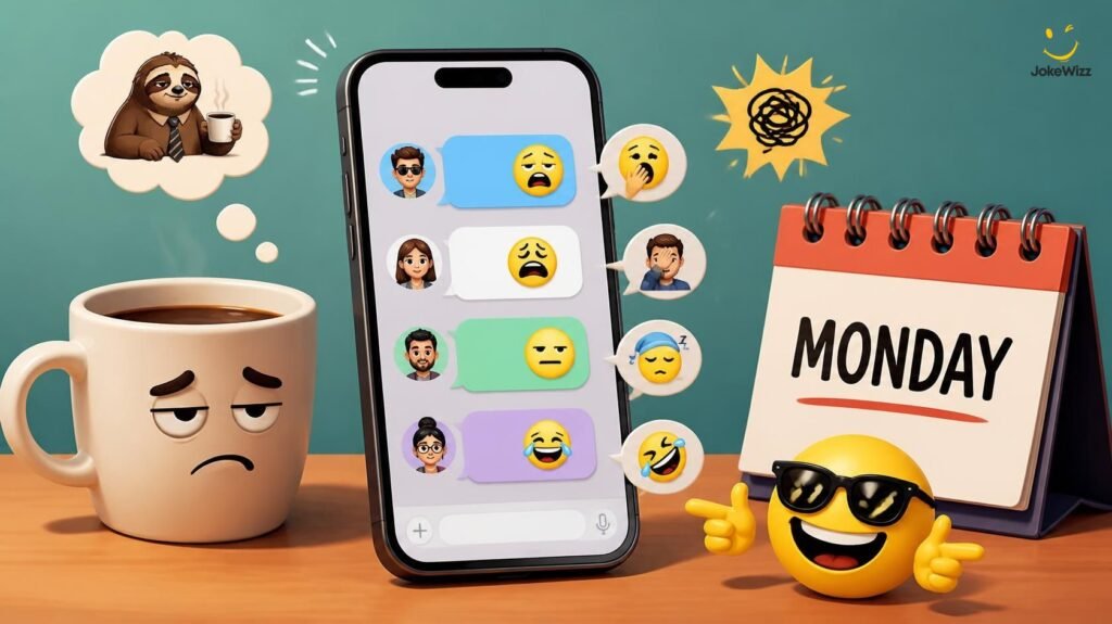 Phone with funny group chat reactions beside coffee and a Monday calendar