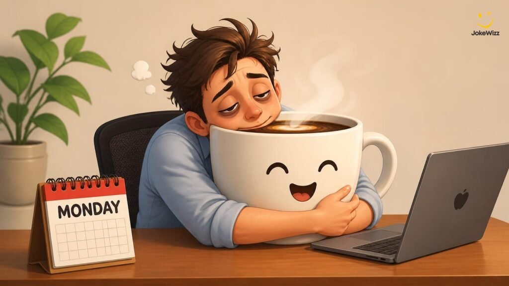 Tired office worker hugging coffee mug on Monday morning