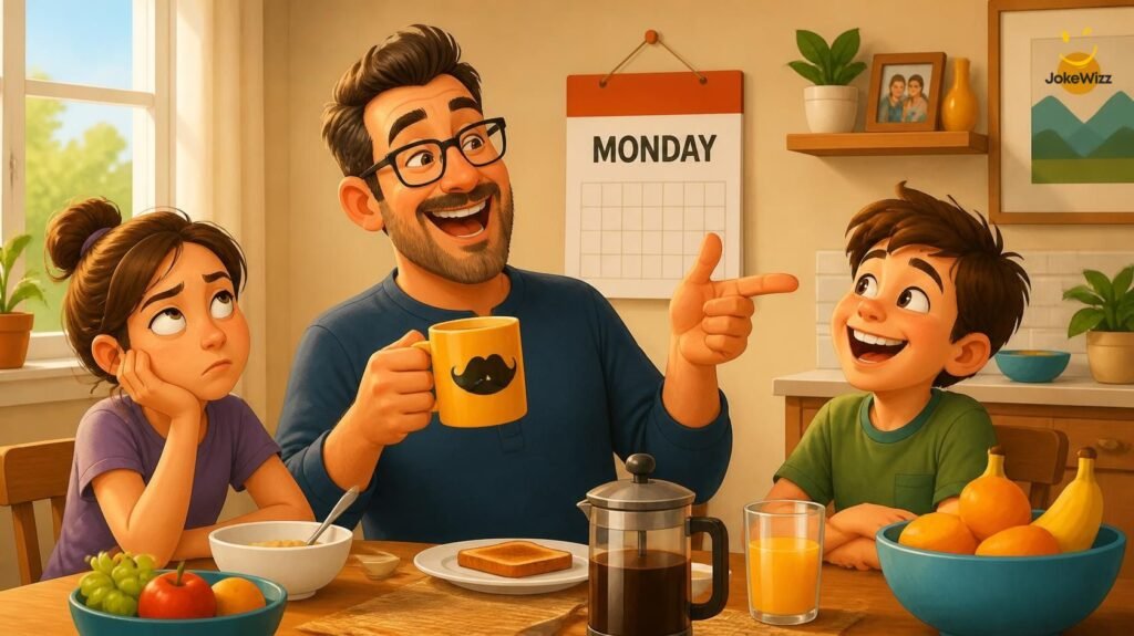 Dad telling a silly Monday joke while family members laugh and roll their eyes