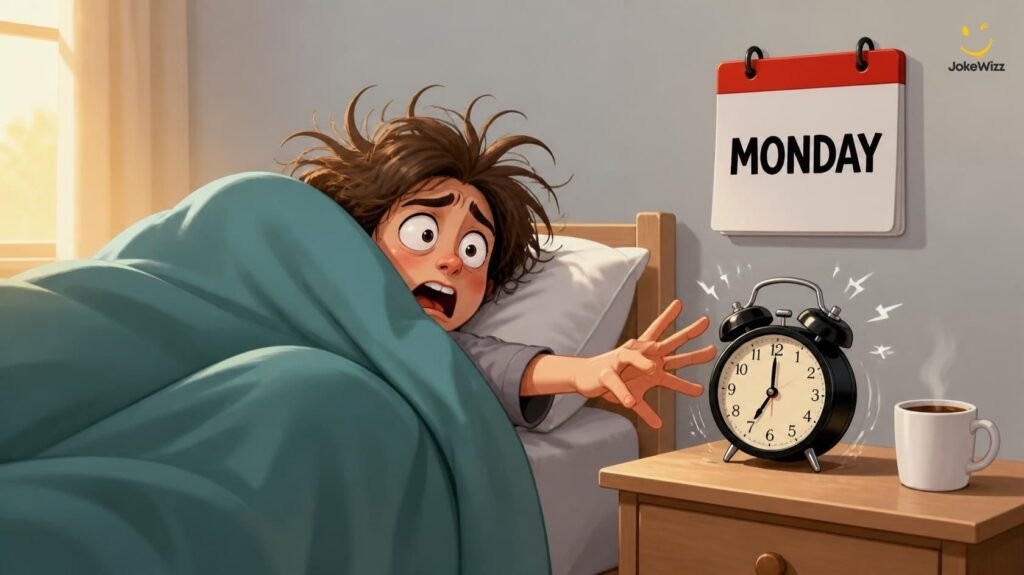 Sleepy person reaching for an alarm clock on Monday morning