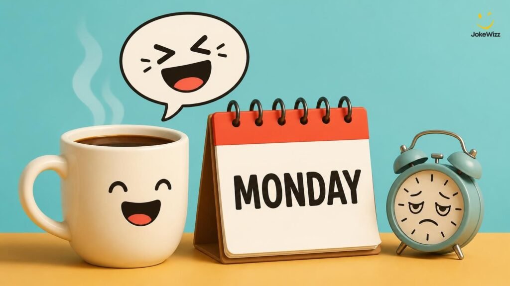 Coffee mug, alarm clock, and Monday calendar representing Monday one-liners