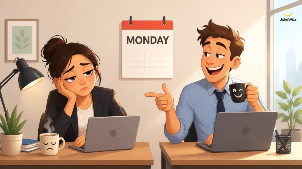 Tired coworkers sharing a laugh at work on Monday morning