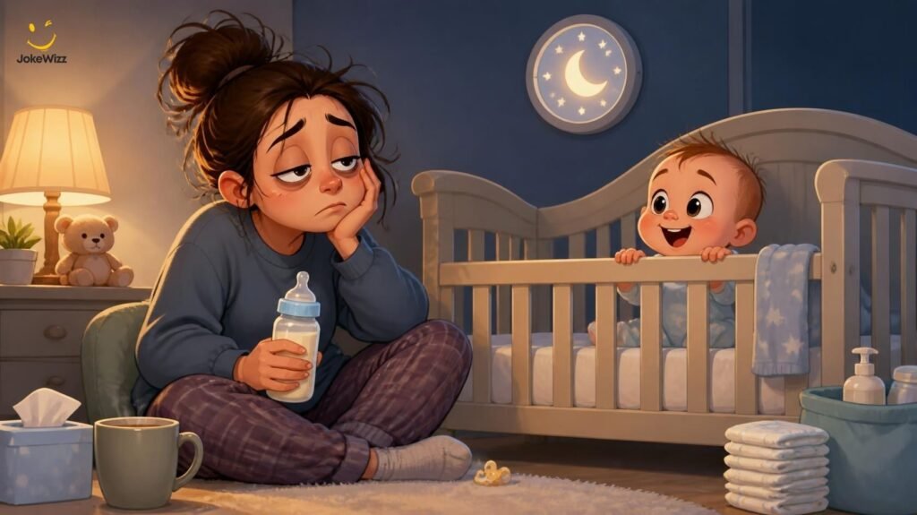 Funny newborn and new parent jokes during a sleepless night