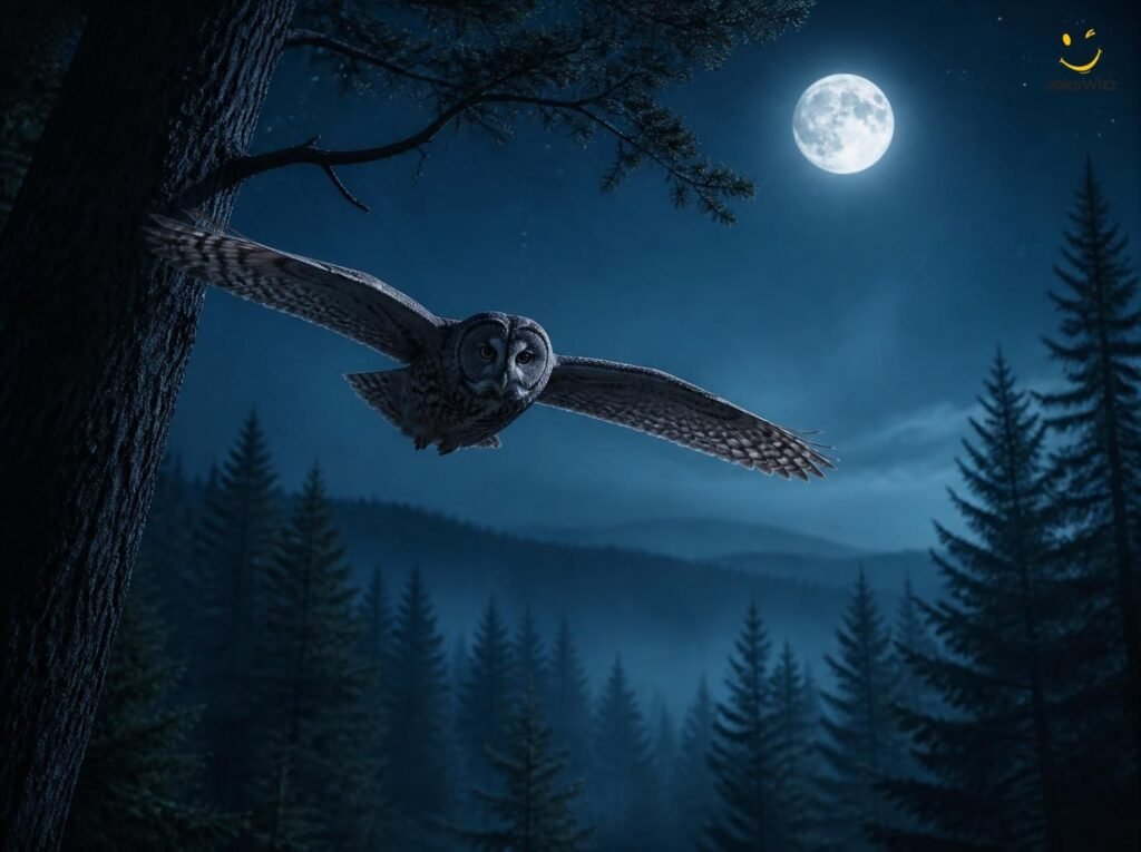 Owl flying through a moonlit forest for night owl jokes