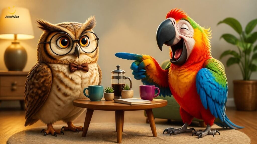 Funny owl and colorful parrot sharing jokes