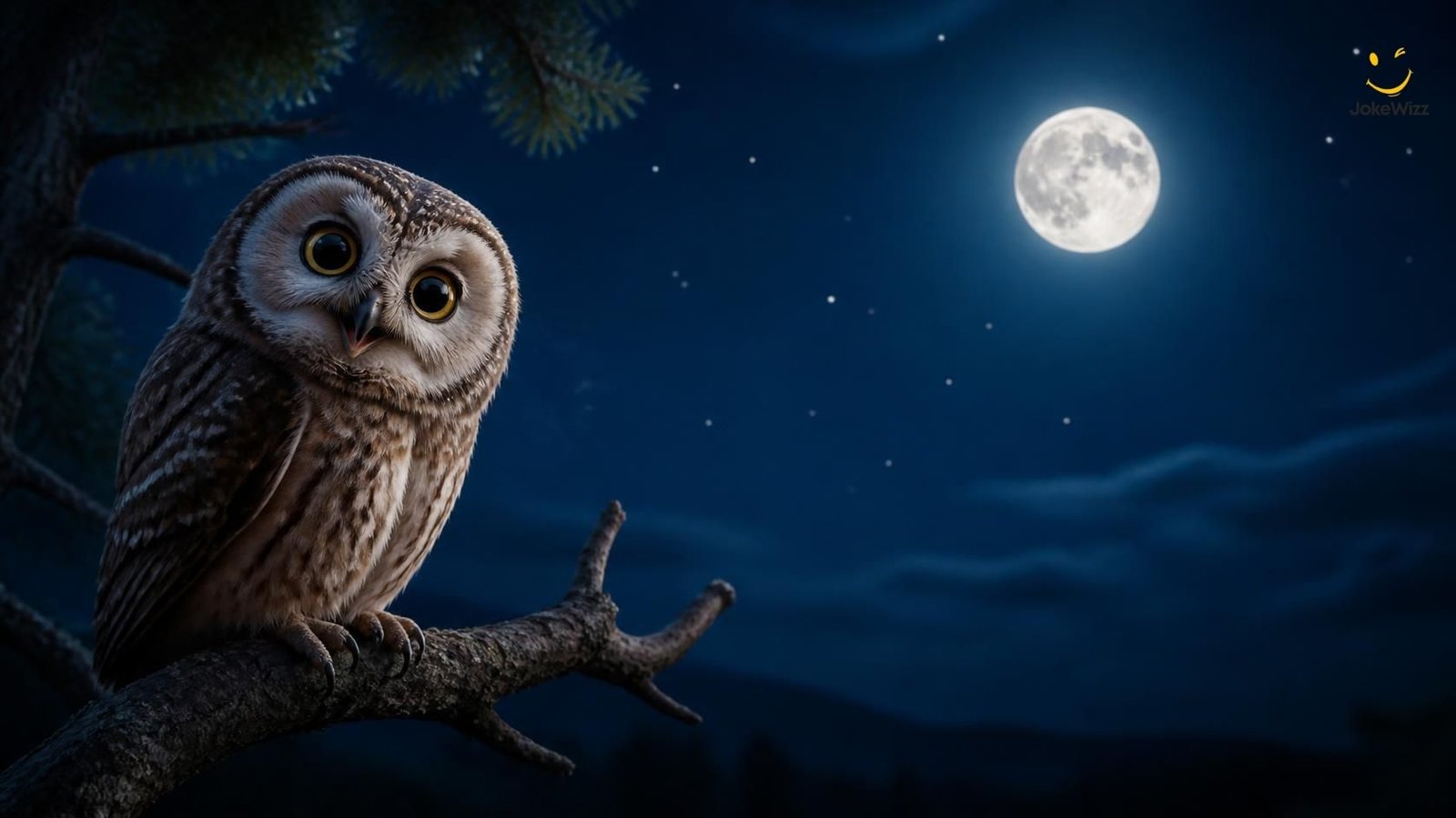 Funny owl perched on a branch for owl puns and jokes