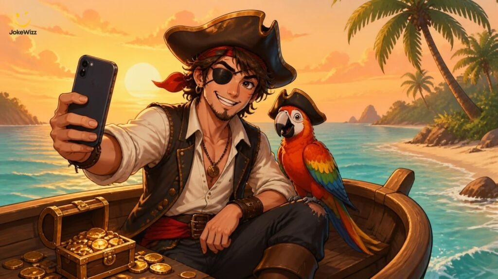 Funny pirate taking a selfie for pirate puns and social media captions