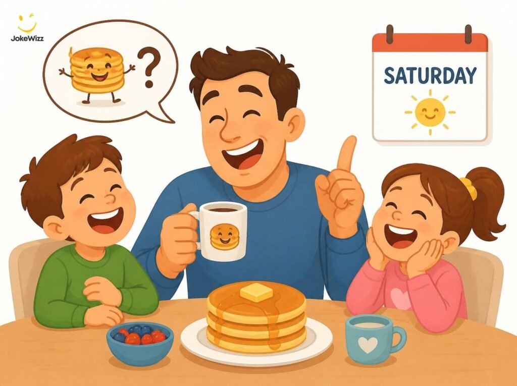 Family laughing together over Saturday dad jokes at breakfast