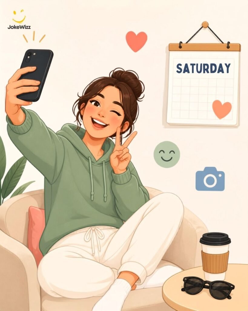 Person taking a Saturday selfie for a social media caption