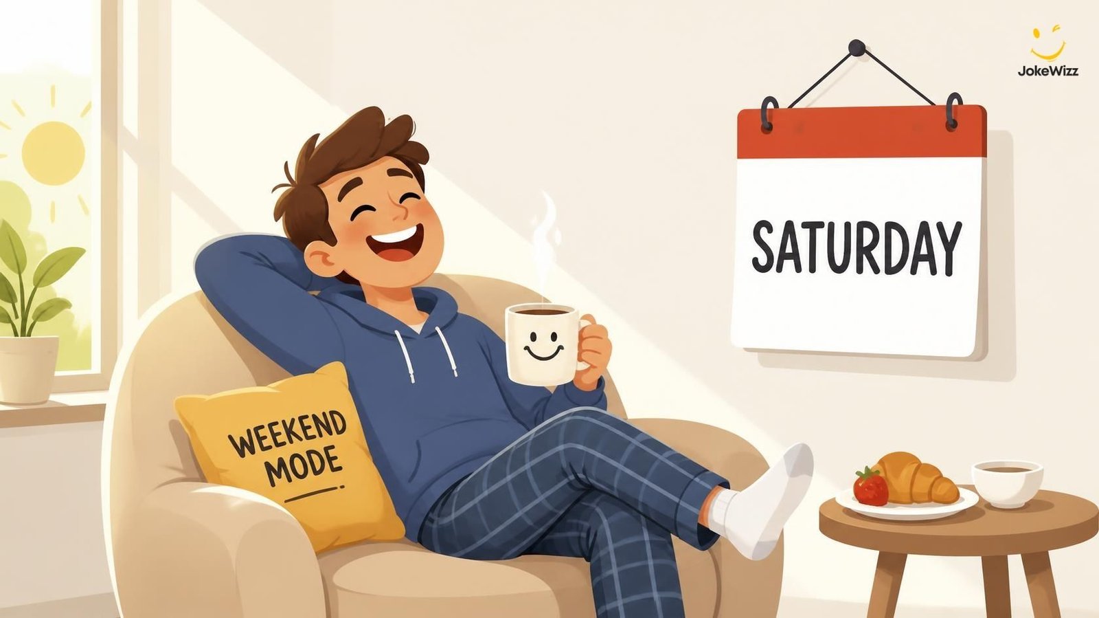 Funny Saturday illustration of a person relaxing with coffee and a Saturday calendar