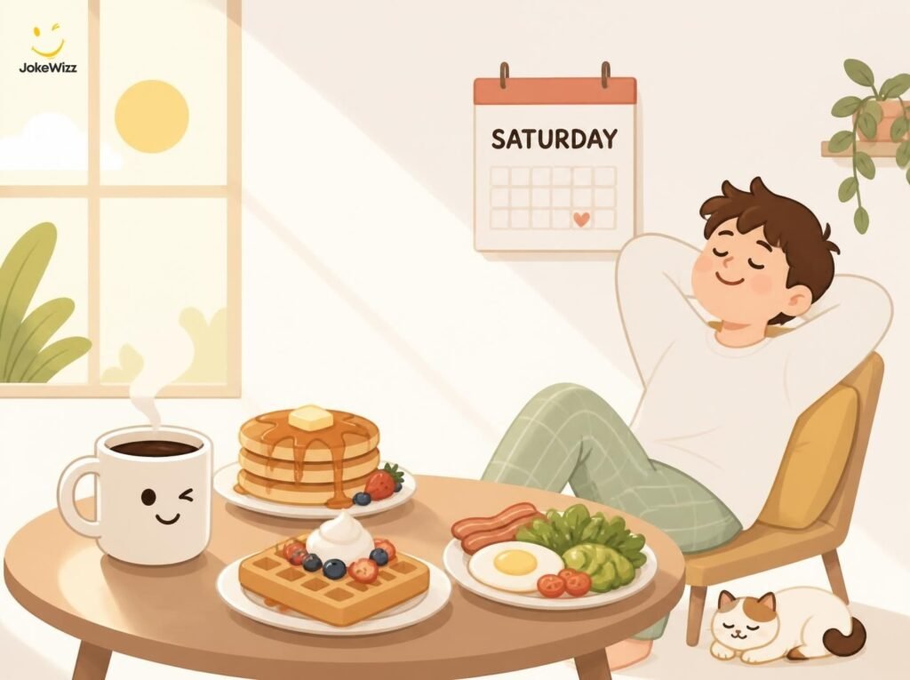 Relaxed Saturday morning brunch with coffee pancakes and waffles