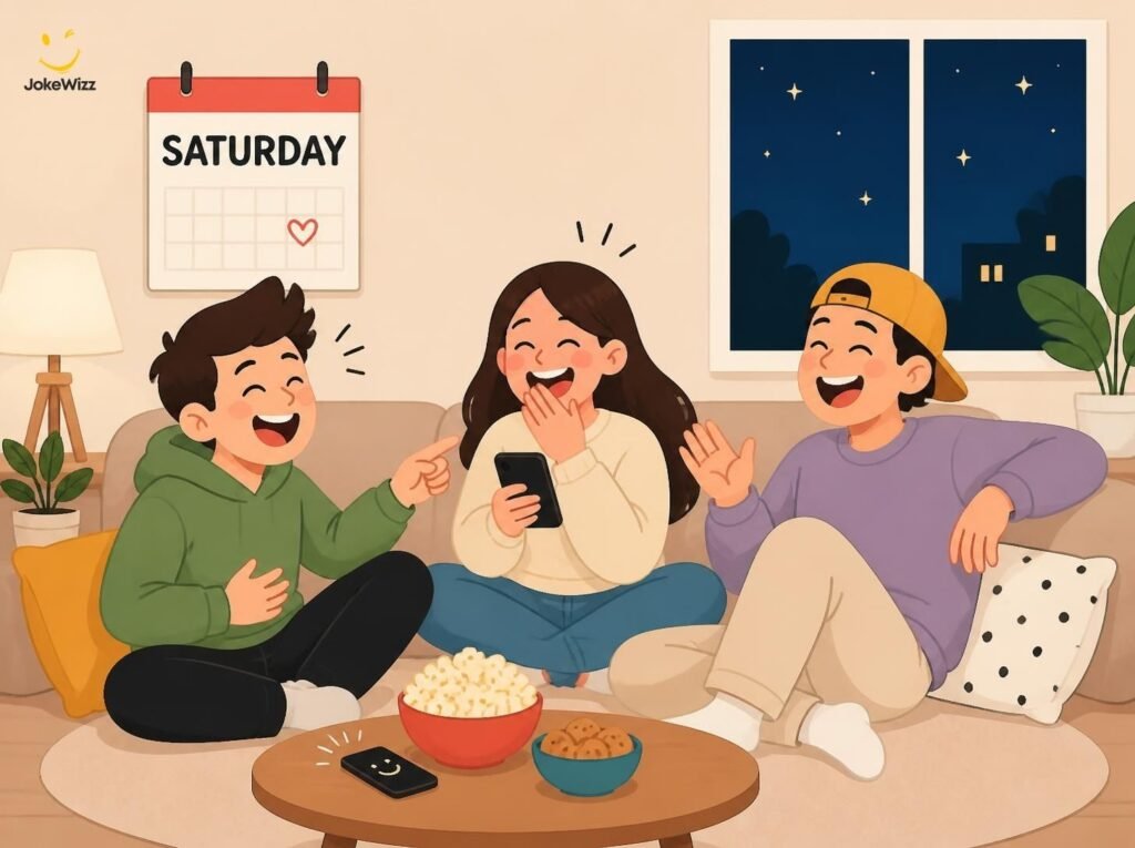 Friends laughing together during a fun Saturday night