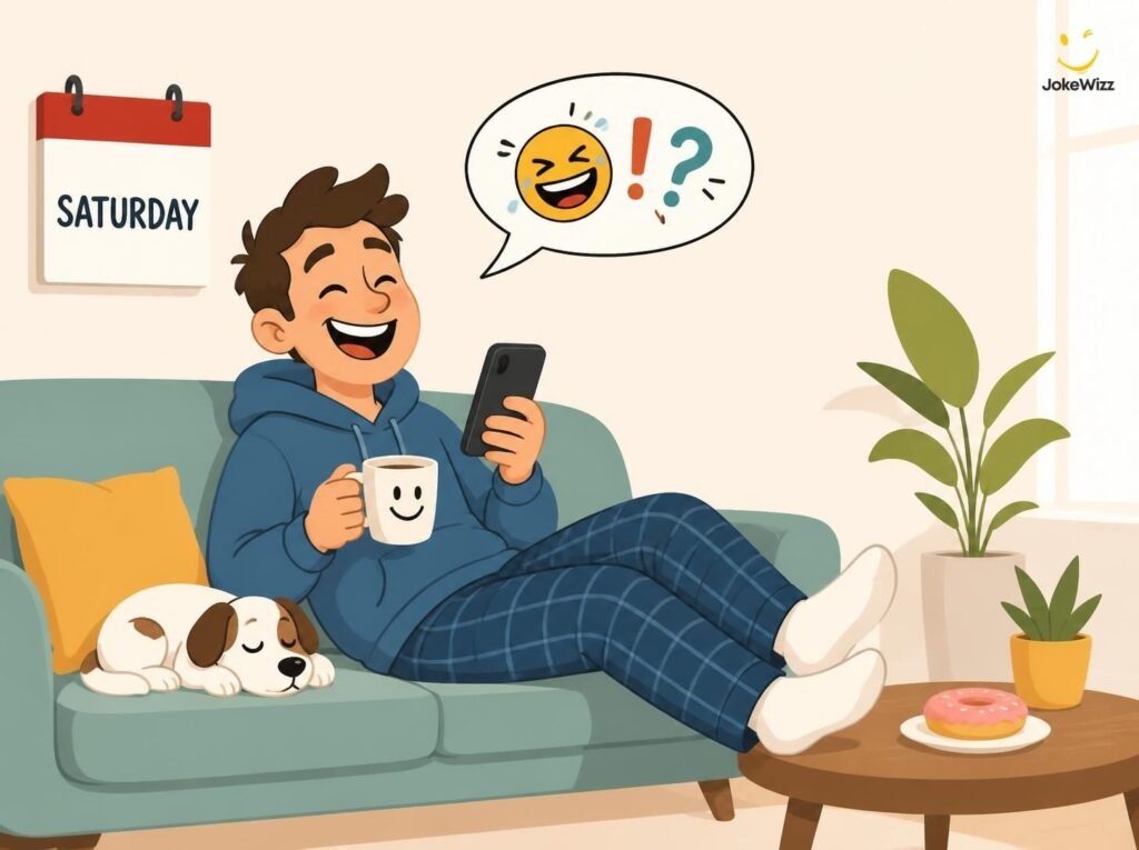 Funny Saturday one-liners illustration with a relaxed person and coffee