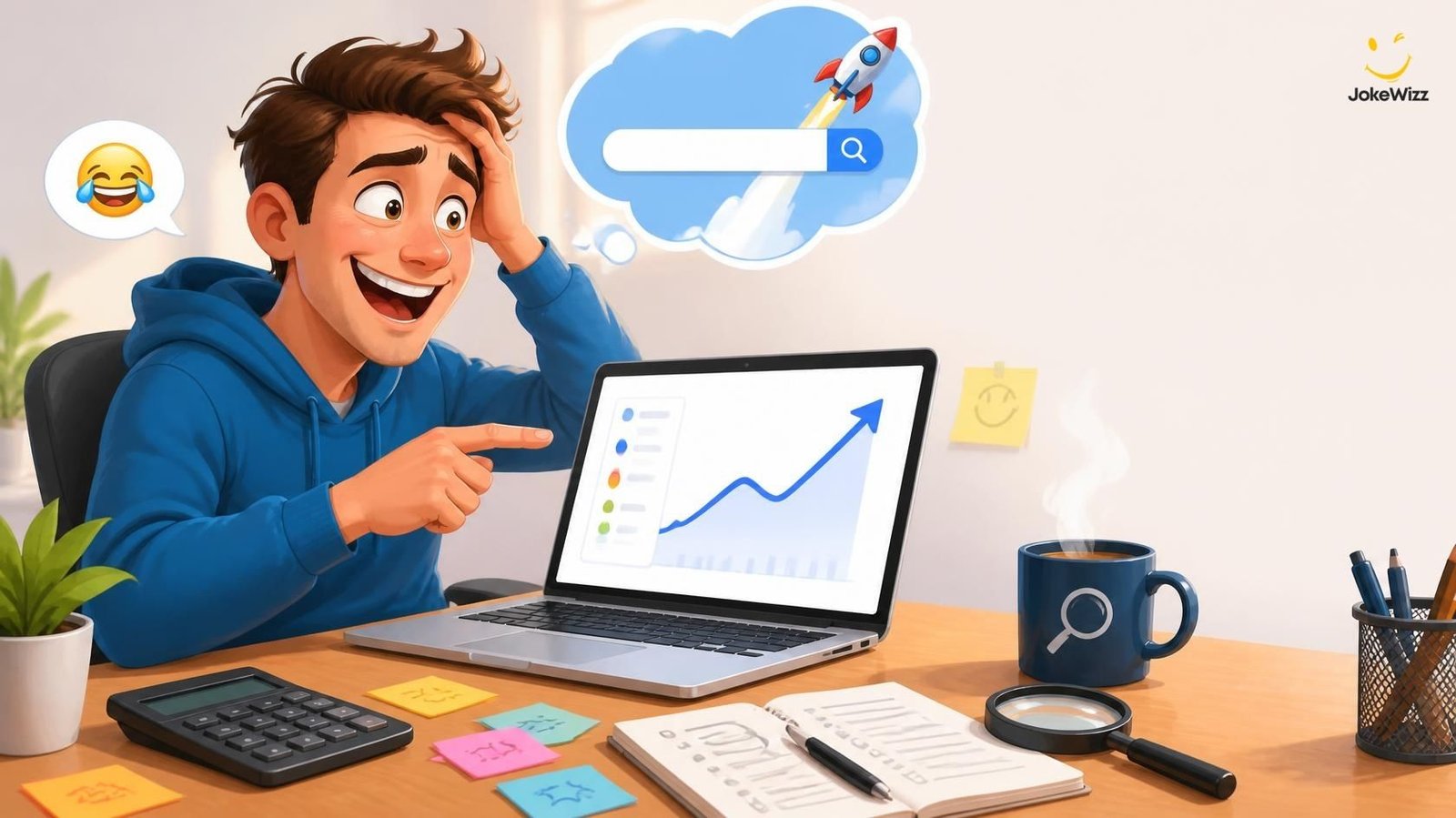 Funny digital marketer working on SEO with laptop and keyword research