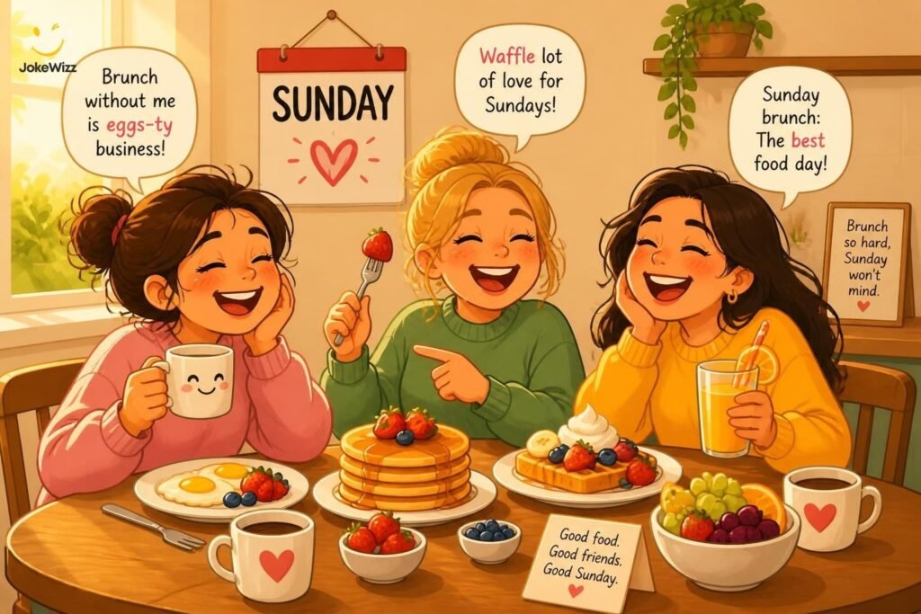 Funny Sunday brunch illustration with friends, pancakes, and coffee