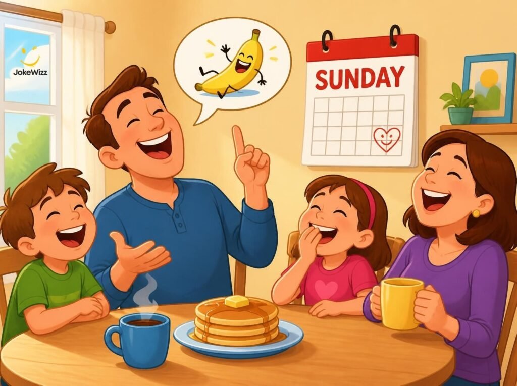 Funny family laughing at Sunday dad jokes over breakfast