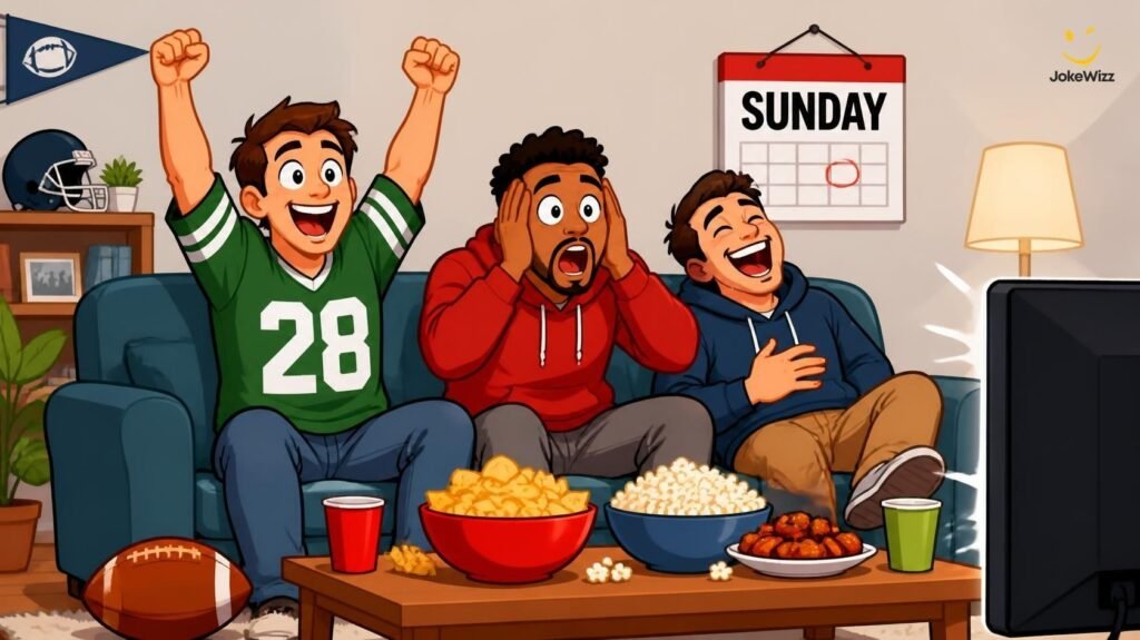 Funny Sunday football game-day illustration with friends and snacks