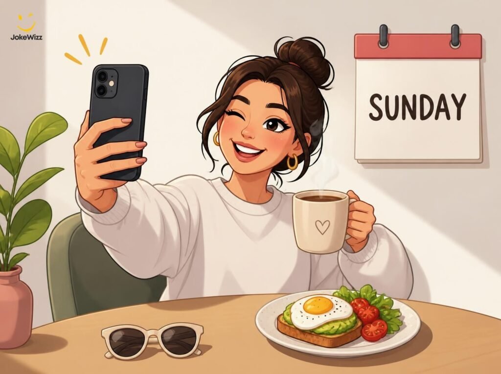 Funny Sunday Instagram caption illustration with a coffee and smartphone