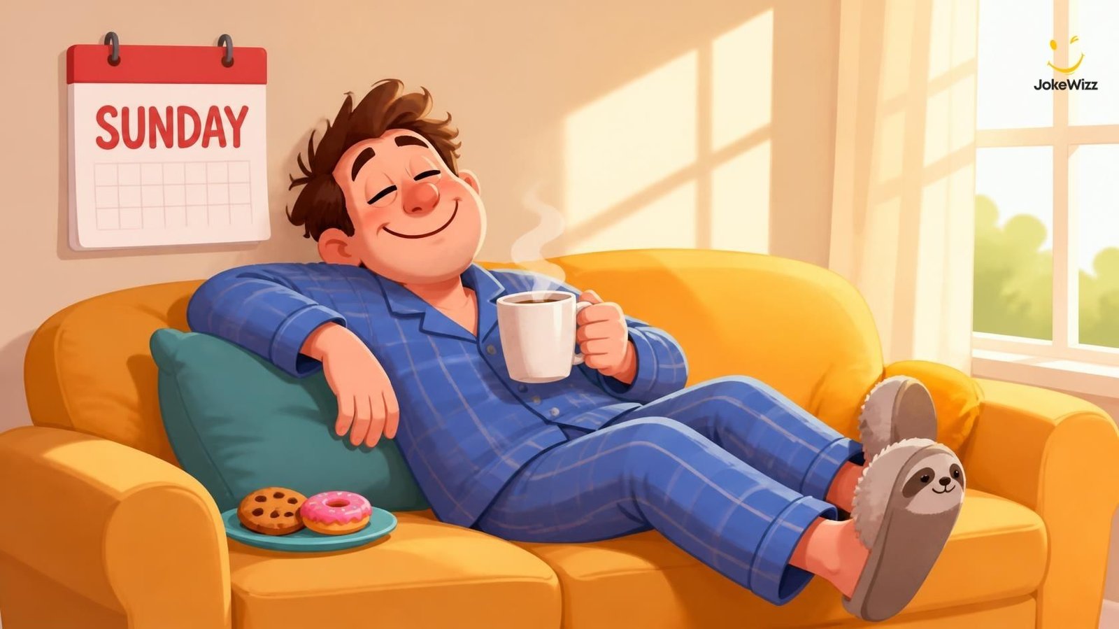 Funny Sunday jokes illustration with coffee, pajamas, couch, and Sunday calendar