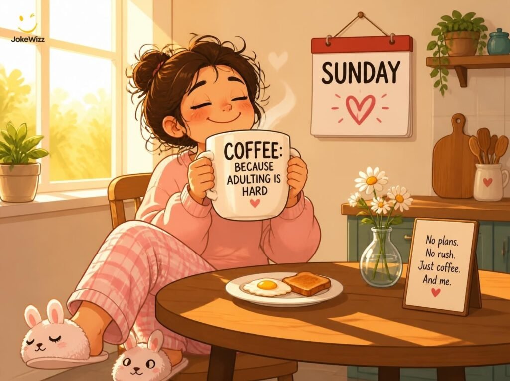 Funny Sunday morning coffee illustration with a relaxed person