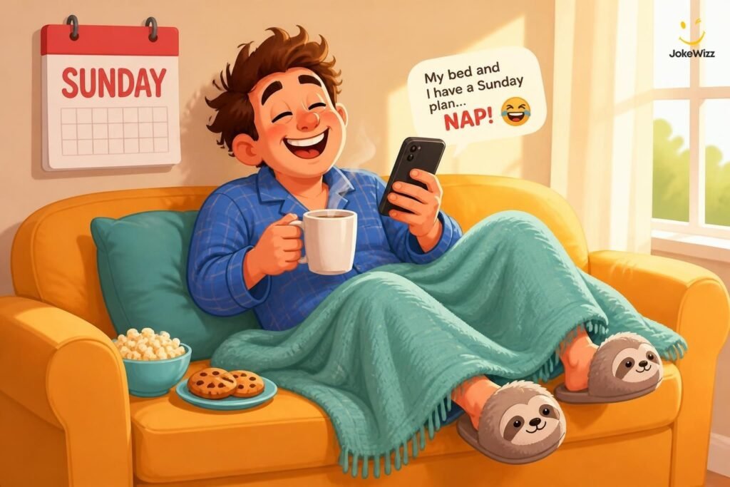 Funny Sunday one-liners illustration with a relaxed person and coffee
