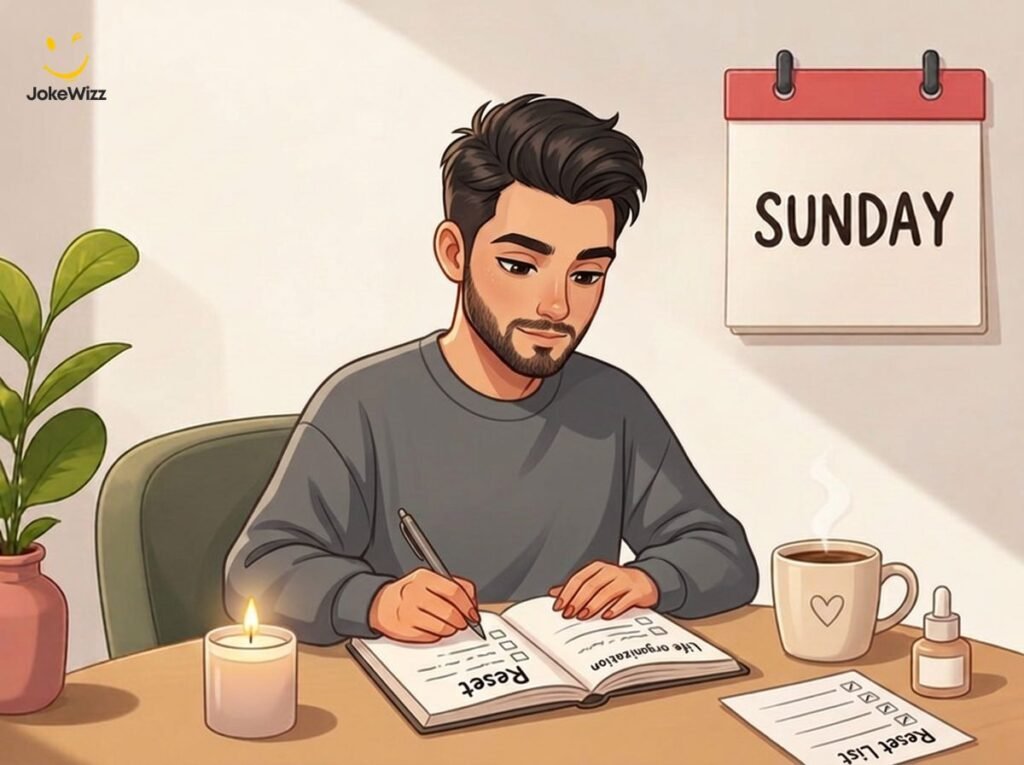 Funny Sunday reset and self-care illustration with journal and coffee