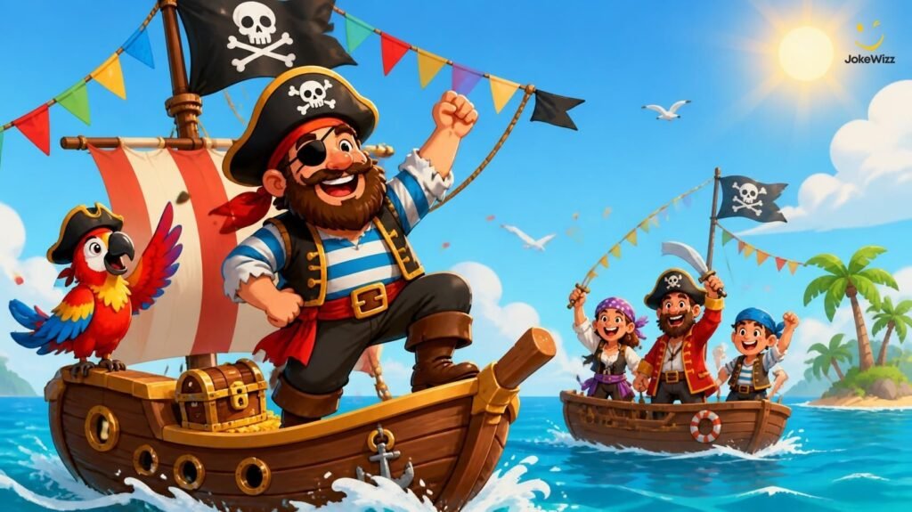 Friends celebrating Talk Like a Pirate Day on a pirate ship