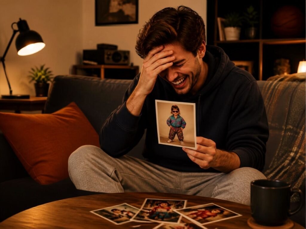 Person laughing while looking at embarrassing old photos on Throwback Thursday