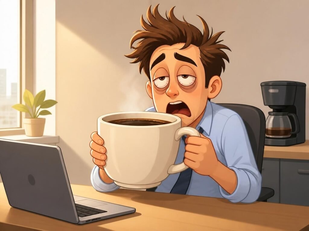Sleepy office worker drinking coffee on Thursday morning