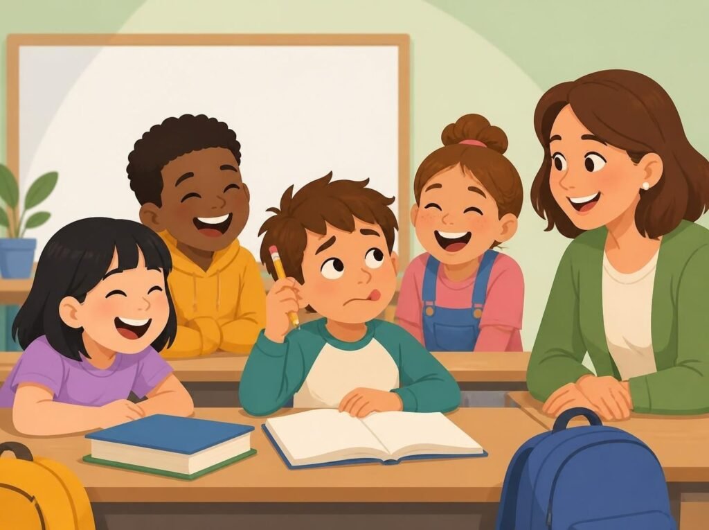 Children laughing during a funny Thursday classroom moment