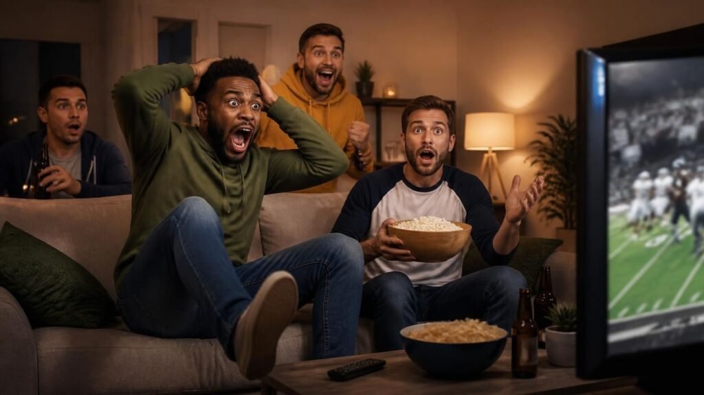 Friends watching Thursday night football and reacting to the game