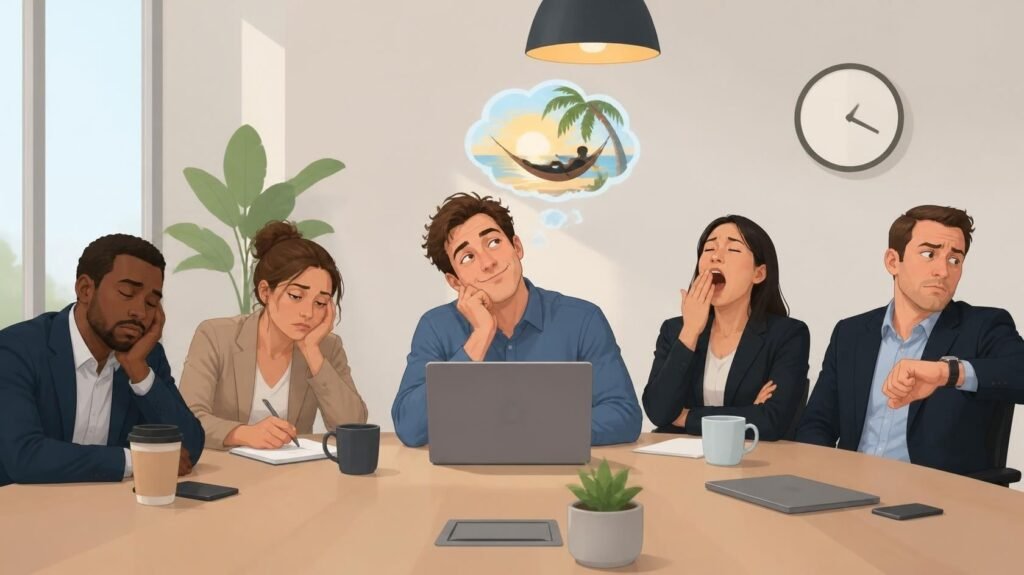 Tired coworkers sitting in a funny Thursday office meeting