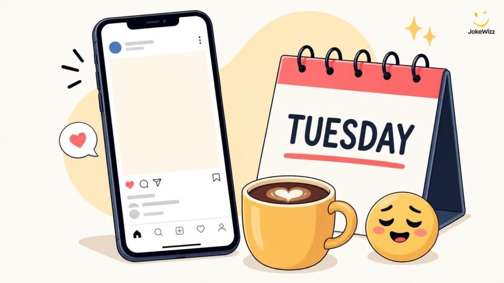 Funny Tuesday Instagram caption illustration with phone coffee and calendar