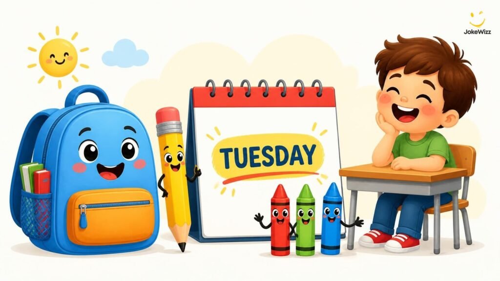 Funny Tuesday school illustration with smiling child pencil and calendar