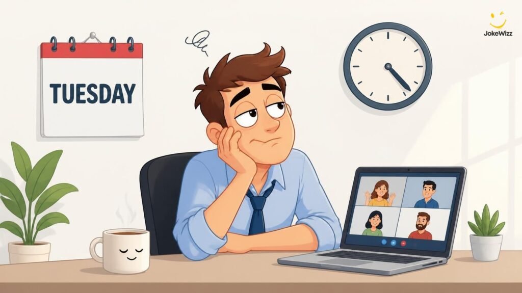 Funny Tuesday work illustration with office worker coffee and calendar