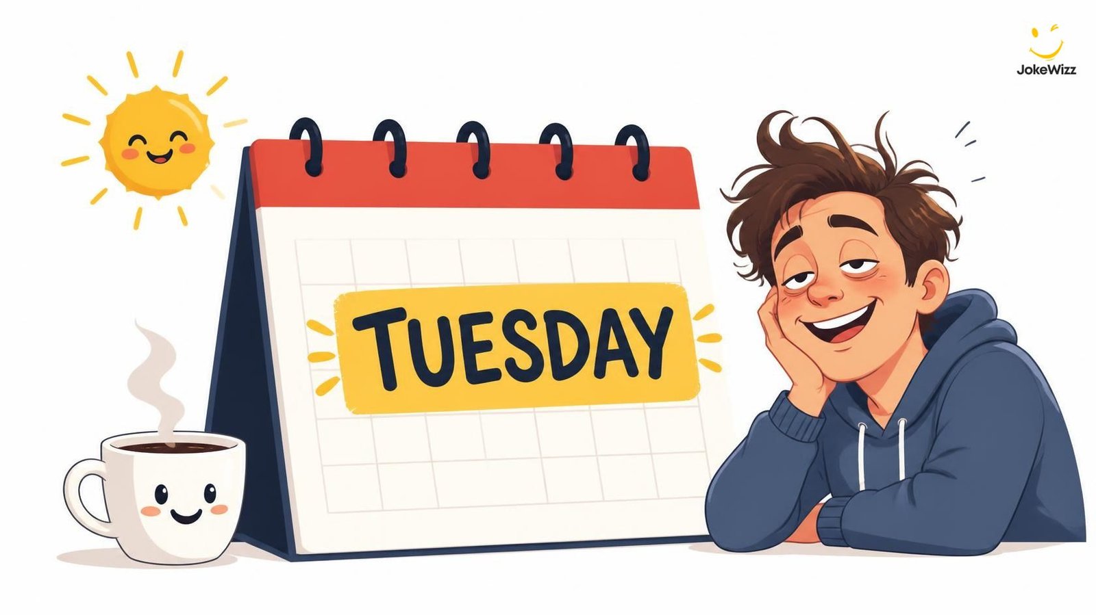 Funny Tuesday Jokes. Calendar illustration with coffee and a tired person