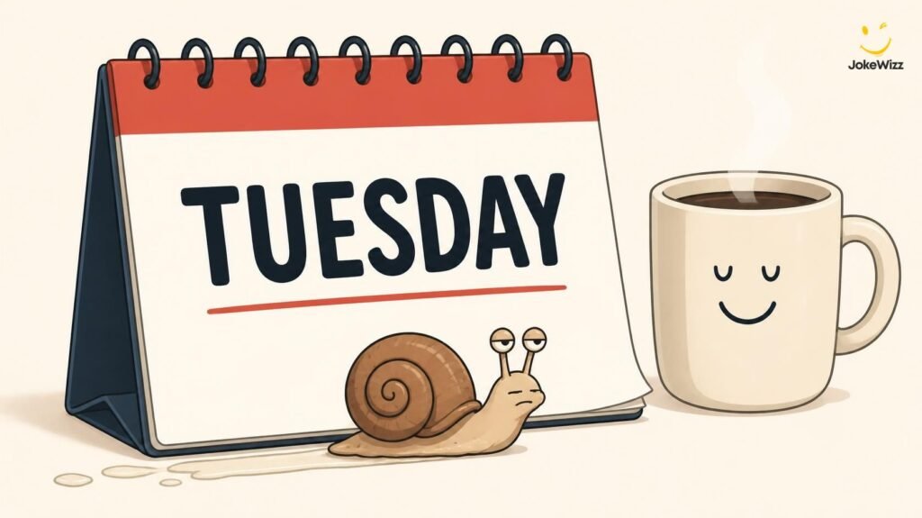 Funny Tuesday calendar with a slow snail and coffee cup