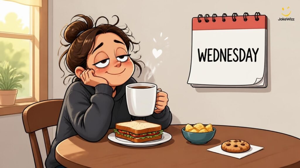 Funny Wednesday midweek slump with coffee sandwich and snacks