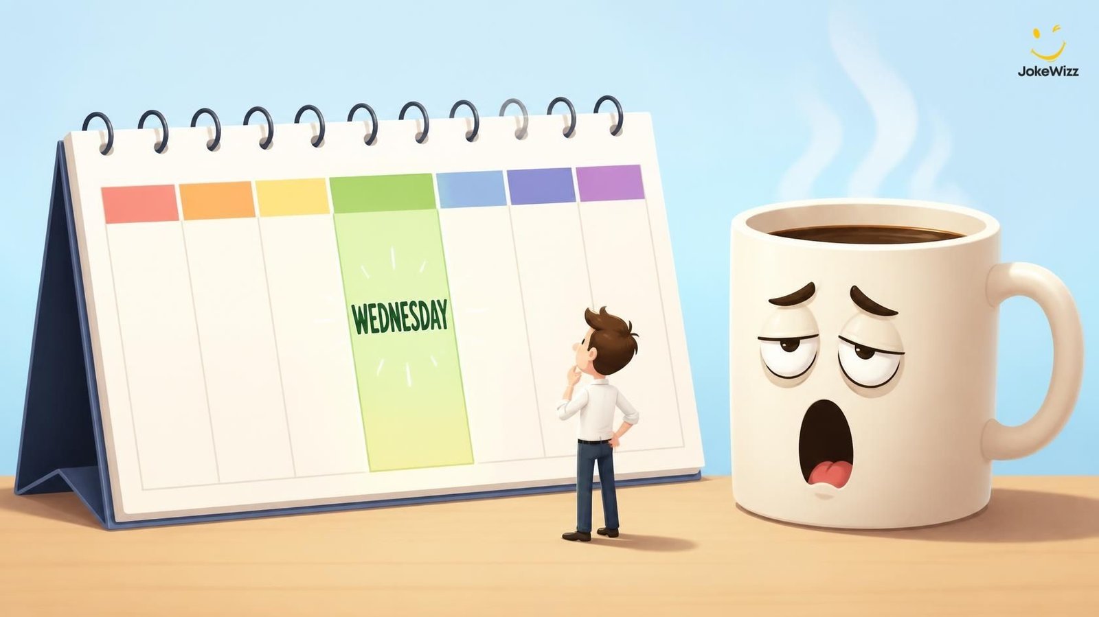 Funny Wednesday calendar with coffee mug and tired office worker