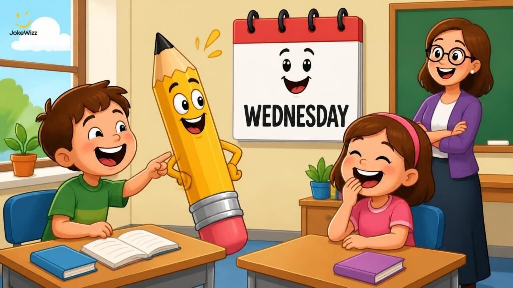 Funny Wednesday classroom scene with children laughing at school