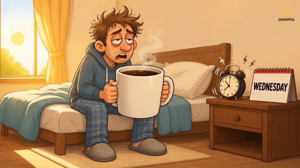 Sleepy person drinking coffee on Wednesday morning beside an alarm clock