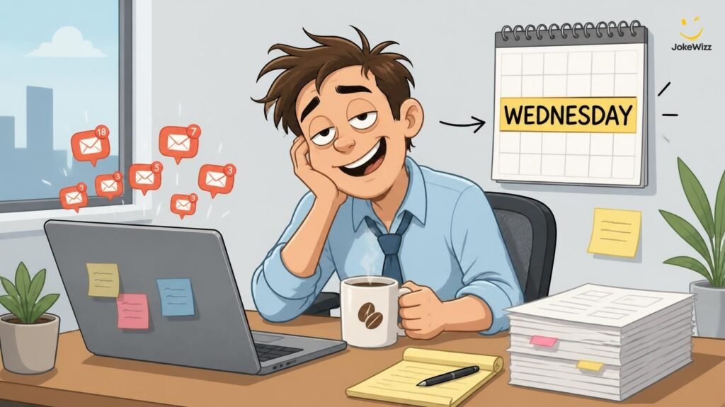 Funny tired employee working at an office desk on Wednesday