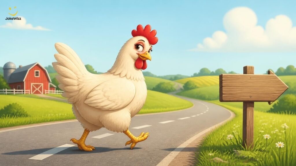 Funny chicken crossing a country road with a mischievous expression