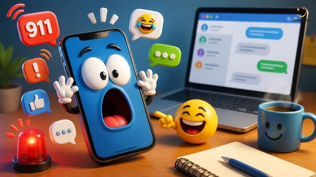 Funny 911 jokes memes with a cartoon smartphone and social media notifications