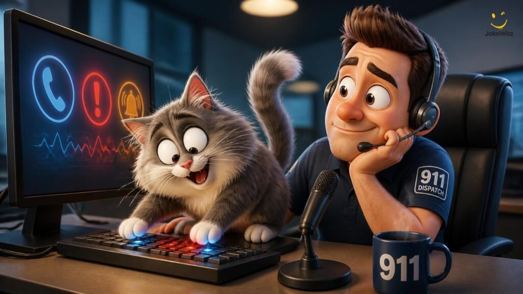 Funny 911 operator jokes with a cartoon dispatcher and mischievous cat