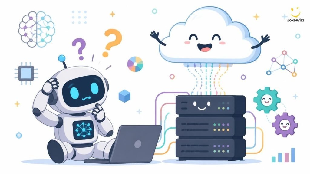Funny AI and cloud computing jokes with playful tech characters
